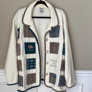 Vintage Teddi Women's Patchwork Teddy Jacket - Cream and Teal- 3X